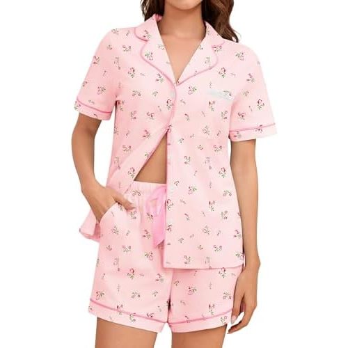 Bloggerlove 100% Cotton Pajamas for Women Set 2 Piece Soft Short Sleeve Pjs Button Down Lounge Sets with Pockets