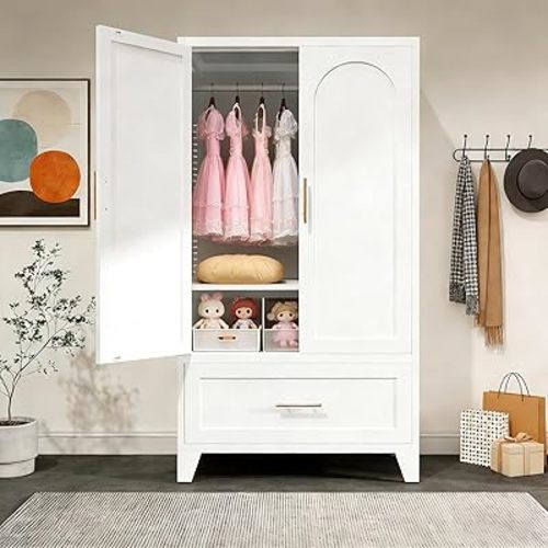 White Metal Wardrobe Cabinet with Arched Design - 60" Freestanding Closet Armoire with 1 Drawer, Hanging Rod & Adjustable Shelf - Heavy Duty Storage Organizer for Bedroom, Nursery & Dorm