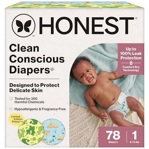 The Honest Company Clean Conscious Diapers®, Up to 100% Leak Protection, Designed to Protect Delicate Skin, Hypoallergenic + Fragrance-Free, UR Ribbiting + Waddle It Be, Club Box, Size 1, 78 Count