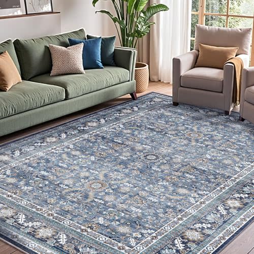 OPPODREAM Thin Vintage Blue Area Rugs 8x10, 8 x 10 Retro Washable Rug Non Slip, Low-Pile Faux Wool Carpet, Distressed Navy Floor Mat for Living Room, Bedroom, Office, Dorm, Dinning Room, Big & Large
