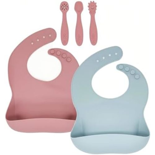 Silicone Baby Bibs 2 pcs with Silicone Baby Spoons Self Feeding Waterproof, Soft