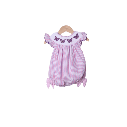 Smocked Butterfly Lavender and Pink Seersucker Bubble