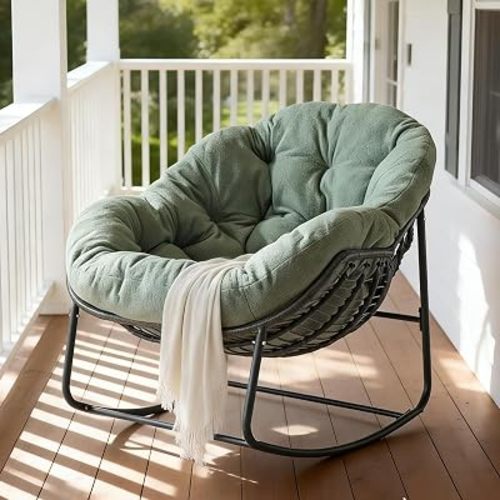 Oversized Outdoor Papasan Rocking Chair with Soft Cushion, Comfy Patio Egg Chair, Wicker Lounge Rocker for Balcony/Porch/Garden, Reinforced All Weather Rattan Frame, 330 lbs Support, Hunter Green