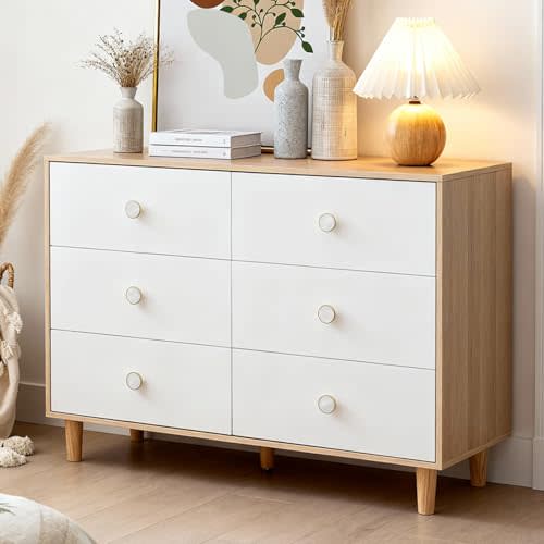BERRY NEST White Dresser for Bedroom, 6 Drawer Dressers with Solid Wood Legs, Baby Dresser for Kids, Storage for Clothes and Baby Essentials