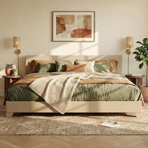 SHA CERLIN Linen Upholstered King Size Bed Frame with Headboard, Beige | Adjustable Low-Profile Platform Bed, Minimalist Design, Stable Mattress Foundation, Strong Back-Support, No Box Spring Needed