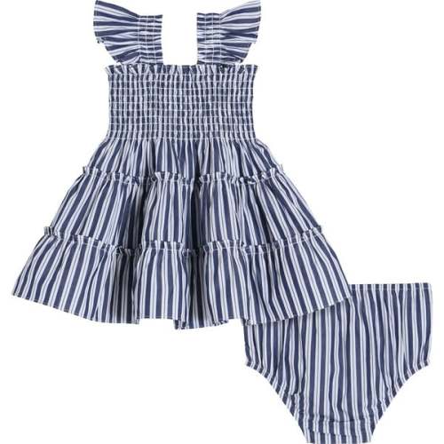 Baby Girls Ellie Striped Ruffle Shoulder Tiered Nap Dress Set, Navy - Hill House Home | Maisonette
