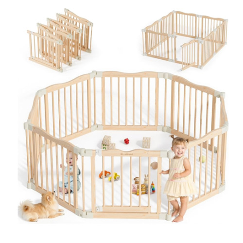 Foldable Wooden Playpen - Adjustable Wood Baby Play Yard with Child-Proof Lock, Indoor Large Safety Fence for Babies and Toddlers - Easy Assembly, 8 Panels, Nature Nest