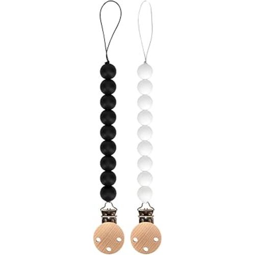 Silicone Pacifier Clip Holder for Baby, Fits Most Pacifier Styles, BPA-Free, 2 Pack (Black & White)