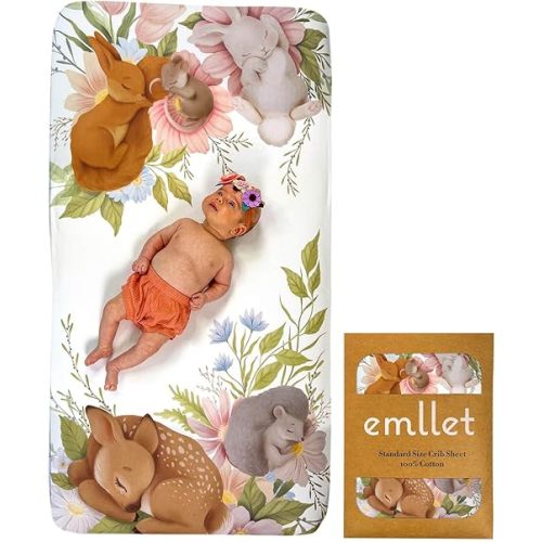 100% Cotton Fitted Crib Sheet, Forest Friends Woodland Animals Theme, Cozy Baby Nursery Bedding, Standard Size 52 x 28 in