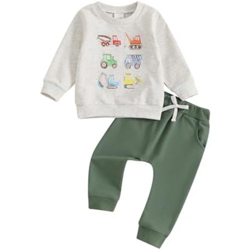 Fernvia Baby Boy Fall Winter Clothes Toddler Kids Solid Outfits Vehicle Long Sleeve Sweatshirt Tops + Joggers Pants Set