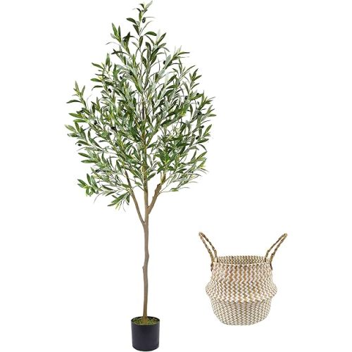 Arbre artificiel en olivier, plante de feuilles d’olivier artificielles de 1,8 m avec panier, arbuste artificiel en soie pour décoration de salon, de bureau, d’intérieur ou d’extérieur