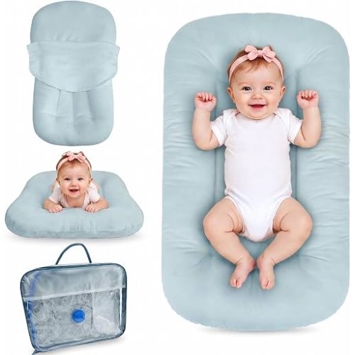 Baby Lounger for Newborn 0-24 Months, Bionic Design Infant Floor Seats & Loungers for Home and Travel, Soft Organic Cotton Baby Lounger, Newborn Babies Shower Gifts (Blue)
