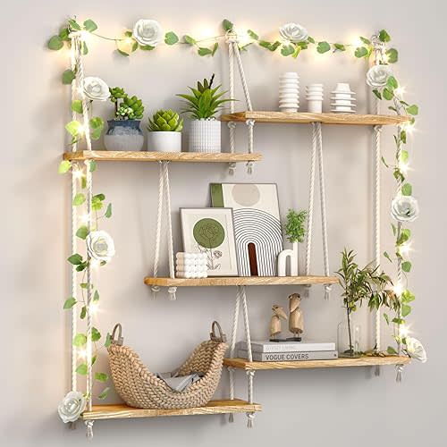 Hanging Shelves for Wall, Macrame Hanging Shelf with Vine Lights 5 Tier