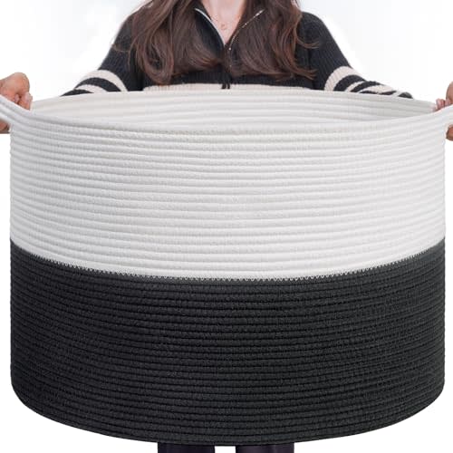 INDRESSME Large Cotton Rope Baskets for Storage, 21.7 x 13.8 Blanket Storage for Living Room Toy Baskets Kids, Baby Laundry Basket for Dirty Clothes, Pillows, 90L White & Black