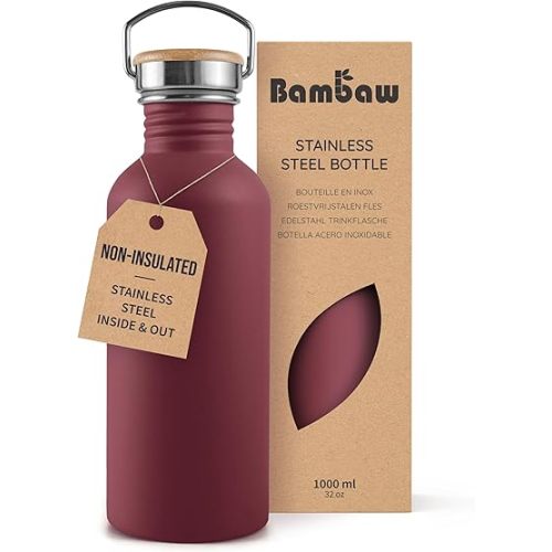 Bambaw Non-insulated 32 oz Water Bottle, Reusable Water Bottle Red, Single Wall Stainless Steel Water Bottle, Travel Water Bottle 32oz, Metal Water Bottle with Handle – Red Berry
