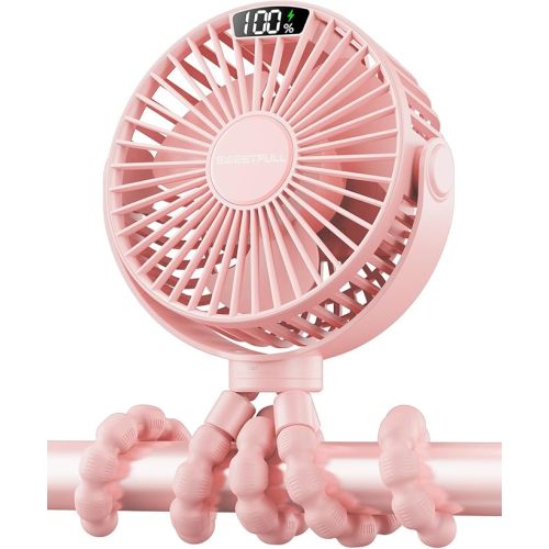 SWEETFULL Portable Stroller Fan with LED Display, 4 Speed Rechargeable Mini Clip On Fan, 360° Rotate Flexible Tripod Better Cooling Small Baby Fan for Car Seat Crib Travel Bike Treadmill (Pink)
