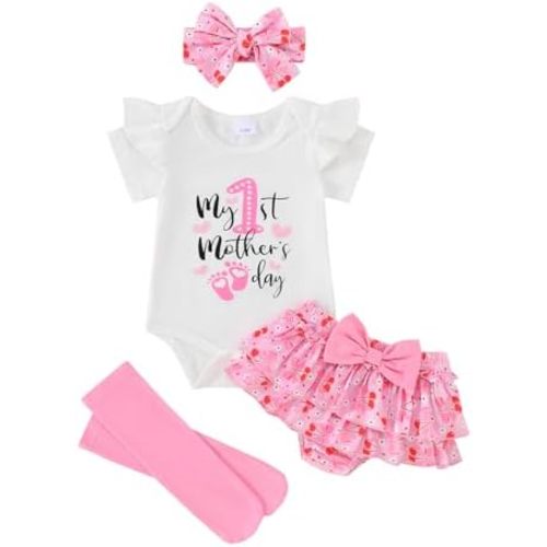 My First Mothers Day Baby Girl Outfit Newborn Infant 1st Mother's Day Romper Skirt Set With Headband Leggings 4Pcs