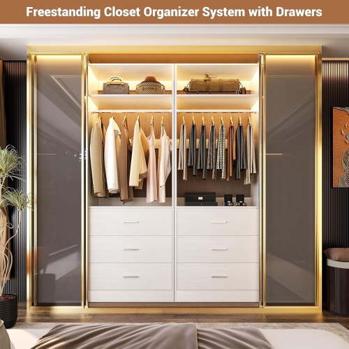 Homieasy Freestanding 2FT Closet System with 3 Wood Drawers, 24" Closet Organizer System with Hanging Rod & Shelves, Walk-in Closet Systems for Small Closets, White