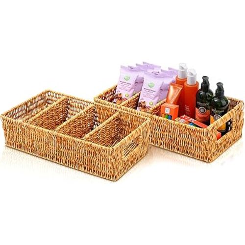 Nature-Inspired Rattan Pantry Organizer Baskets Set of 2 with 3 Removable Dividers – Handwoven Storage Bins for Kitchen or Bathroom Organization, Ideal for Snacks, Coffee & Tea (13” x 7.3” x 3.7”)