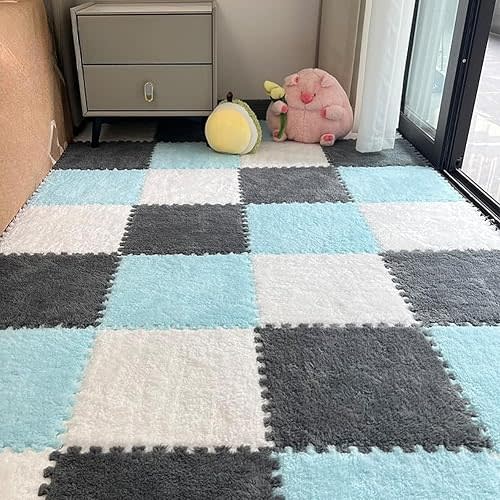 12pcs Carpet Squares Puzzle Floor Mat, Plush Interlocking Carpet Tiles, Anti Slip EVA Foam Jigsaw Floor Tiles, Build A Safe Area for Bedroom Playroom (White+Blue+Grey)