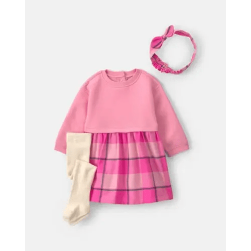 Baby Girl 3-Piece Buffalo Check Flannel Long-Sleeve Dress Set - Pink | Carter's