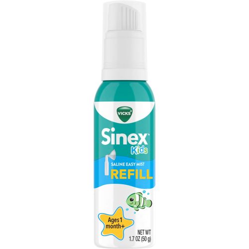 Vicks Sinex Kids Saline Easy Mist Refill, Drug Free Saline, Ages 1 Month+, Gently Clears and Soothes Everyday Stuffy Noses, Safe for Daily Use, 1.7 OZ