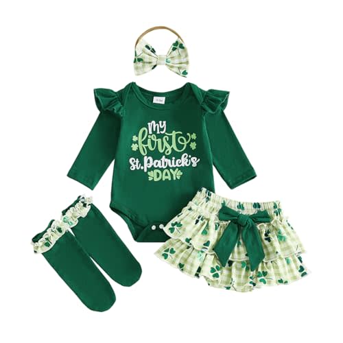 Baby Girl My First St. Patrick's Day Outfit Long Sleeve Letter Print Bodysuit Ruffled Skirt Headband Socks 4-Piece Set