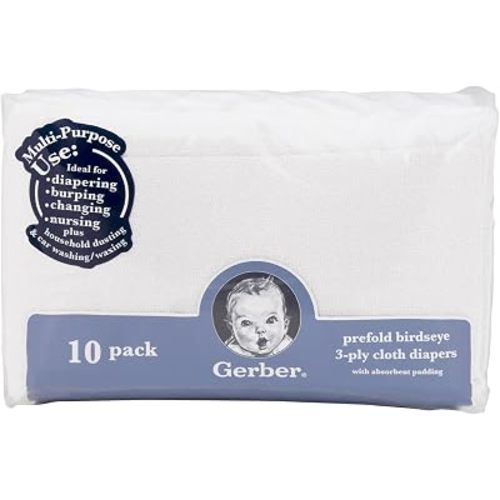 Gerber Unisex Baby Boys Girls Birdseye Prefold Cloth Diapers Multipack White Premiun 3-Ply 10 Pack