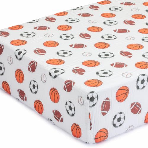 LollyBanks Muslin Cotton Crib Sheet, Fits Standard 52"x28" Mattress | 100% Cotton Crib Sheet, Soft Breathable with 3-6 in Deep Pockets, All-Around Elastic for a Secure Fit (Sports)