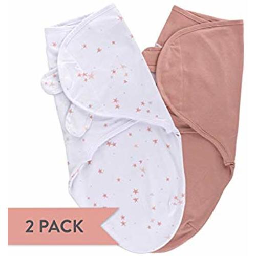 Ely’s &Co. Swaddleez Adjustable Baby Swaddle Wrap 2-Pack - 100% Cotton for Baby Girl from 0-3 Months (Mauve Pink Stars & Solid Dusty Rose)