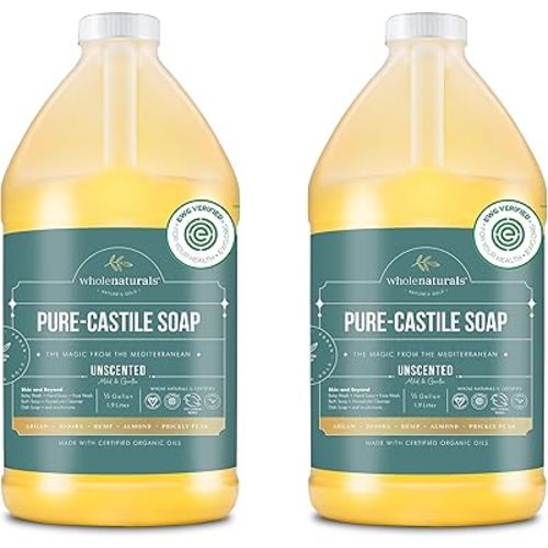 WHOLENATURALS Pure Castile Soap Liquid Unscented, EWG Verified & Certified Palm Oil Free-1 gallon (64oz x2 bottles) Natural, Mild & Gentle Non-gmo & Vegan-Organic Body Wash, Laundry & Baby Soap