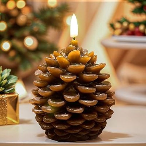 Flame-free LED pinecone candles with a timer, made from real wax and battery-powered, make for a charming rustic home decor piece for your mantel or dining table. Brown (4.8 inches × 3 inches)