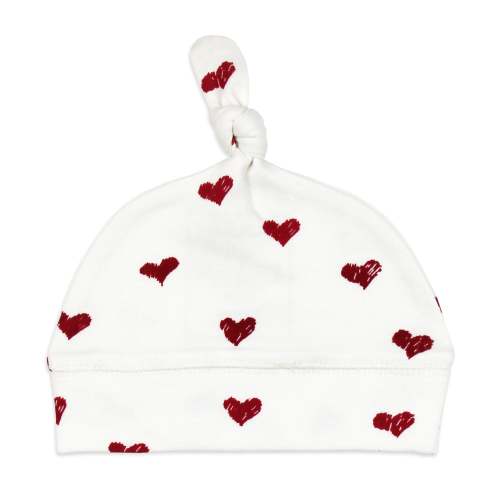 Organic Banded Top-Knot Hat in Crimson Hearts
