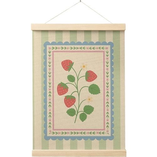 Evcprz Rustic Floral Strawberry Wall Art Poster Hanger Frame, Strawberry Room Decor, Green Striped Cute Strawberries Hanging Canvas Prints Wall Art Decor for Home Kitchen, 12x16 Inch