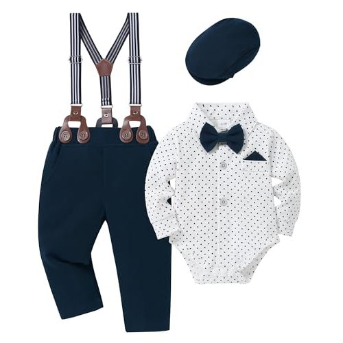 YALLET Baby Boy Clothes Set Infant Tuxedo Long Sleeve Gentleman Suit Outfits + Beret Hat + Suspender Pants + Bowtie 0-18M