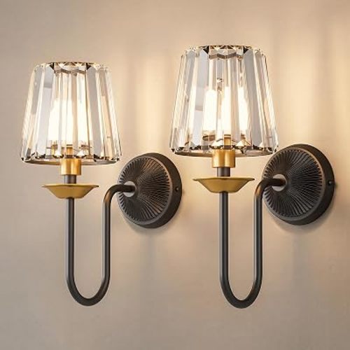 Black and Gold Battery Operated Wall Sconces Set of Two, Crystal Wireless Rechargeable Wall Lights with Remote, Dimmable 3 CCT and 12 RGB Cordless Wall Lamps for Bedroom Living Room Decor