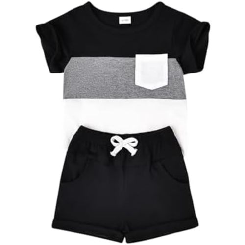Baby Boy Clothes Toddler Boy Summer Outfits Short Sleeve Patchwork Top T-shirt & Pocket Pant Set 2 Piece 12 Months-4T