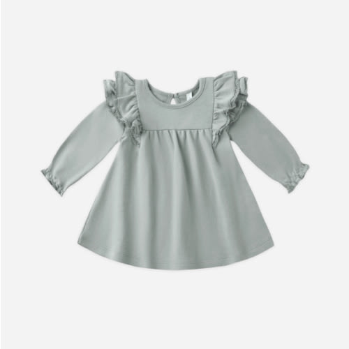 Quincy Mae Long Sleeve Flutter Dress - Steel Blue, 0-3 M