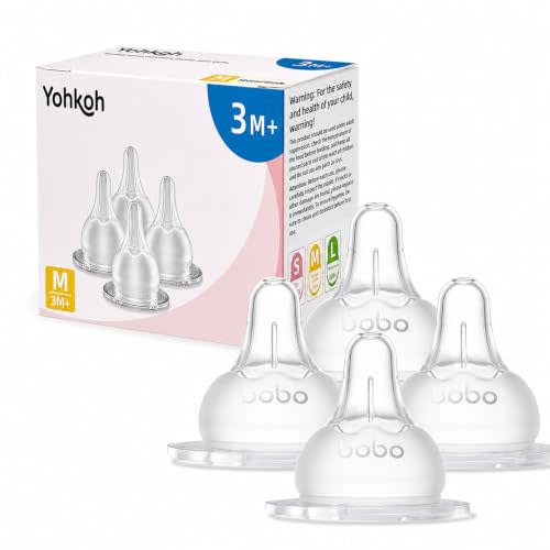 YOHKOH Baby Bottle Nipples for Wide Neck Bottles, 100% Natural Feel Silicone Nipples, BPA-Free (3m+, M, 4 Counts)