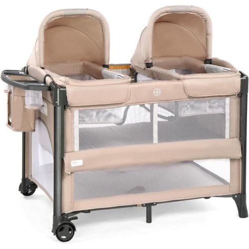 JOYMOR Twin Bassinet for Baby, Beige Bedside Bassinet, Convertible to Bedside Sleeper and Playpen, with Wheel, Brake, Foldable Side Sleeper,Beige