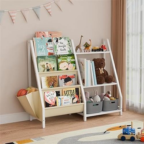 Kids Bookshelf and Toy Storage Organizer for Toddlers and Baby – Montessori Book Shelf for Kids Room Nursery Bedroom or Playroom (White)