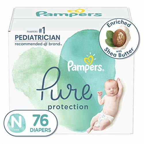 Diapers Newborn/Size 0 (<10 lb), 76 Count - Pampers Pure Protection Disposable Baby Diapers, Hypoallergenic and Unscented Protection, Super Pack (Packaging & Prints May Vary)