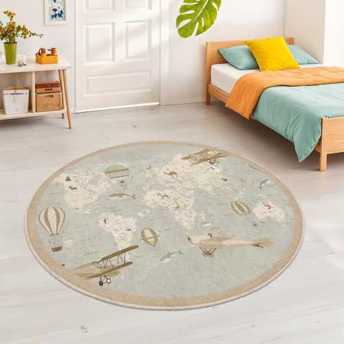 Vintage World Map Round Kids Rug | Airplane and Hot Air Balloon Design | Soft Nursery Carpet | Adventure Play Mat for Children