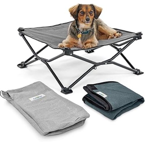 Coolaroo On-The-Go Elevated Dog Bed Kit – Portable & Cooling Travel Cot with HeatShield Fabric for Small Dogs, Lightweight & Compact, Includes Matching Carry Bag & Pacific Blue Bonus Cover, Small