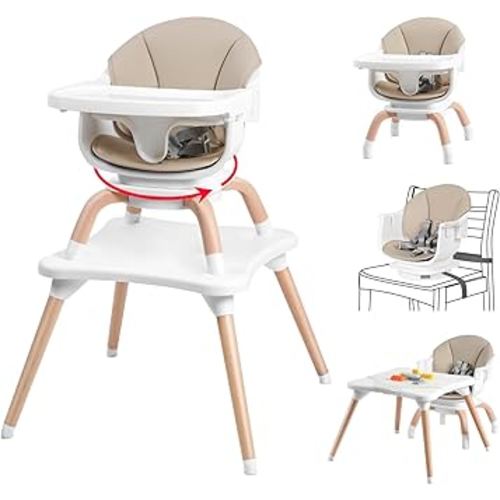 Baby High Chair, 7 in 1 Convertible High Chairs for Babies and Toddlers, Kids Learning Table, Building Block Table, Toddler Dining Chair with 360° Rotating Seat, 5-Point Safety Harness (Khaki)