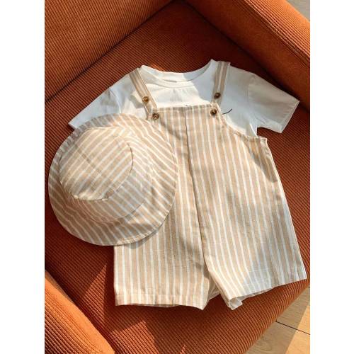 SHEIN 2pcs/Set Baby Boy/Girl Summer Blue & White Striped Bib Overall Shorts With Bucket Hat, Casual Outfit For Home, Vacation, Beach Baby Boy Rompers | SHEIN USA