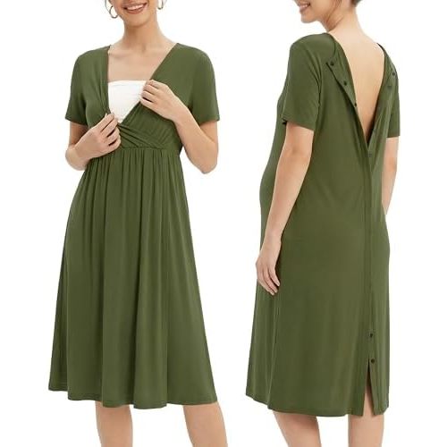 OUGES Stain Resistant Fabric Labor/Delivery/Hospital Gown Maternity Dress Wrap V Neck Snap Down Back Nursing Nightgown