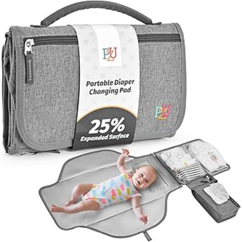 PZU Portable Diaper Changing Pad - Changing Pad Portable with Wipes Pocket, Waterproof Diaper Changing Mat, Portable Changing Pad for Baby, Newborn Gift（Grey）