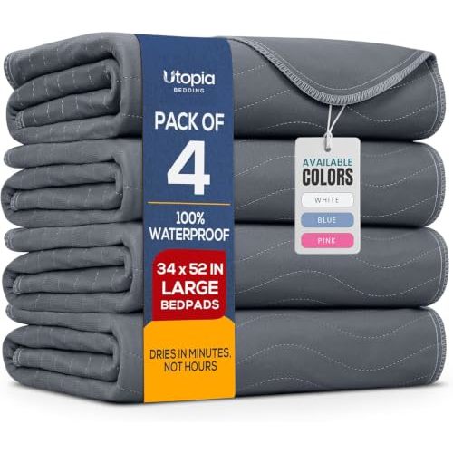 4 Pack Waterproof Reusable Heavy Absorbency Incontinence Bed Pads 34"x52" | Utopia Bedding Washable Underpads, Chuck Pads for Adults, Kids, Elderly and Pets, Bedwetting Pads for Sofa and Couch, Grey