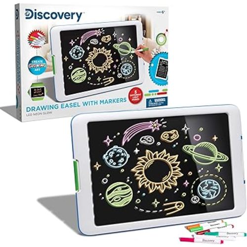 Discovery™ Kids Neon Glow Drawing Easel w/ 6 Color Markers, Built-in Kickstand/Wall Mount, 5 Light Modes, Easy Clean/Washable, Wide Screen, Flat Storage, Portable Travel Activity, Electronic Activity